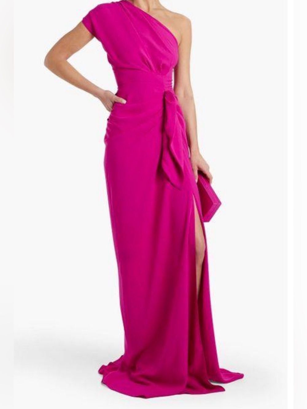 Rhea Costa One Shoulder Fuchsia Draped Evening Gown Silk Blend US 4 NWT